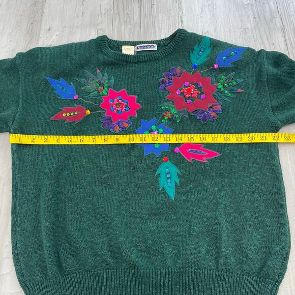Vintage Mariea Kim Green Floral Holiday Ugly Sparkle Knit Long Sleeve Sweater - Picture 7 of 8